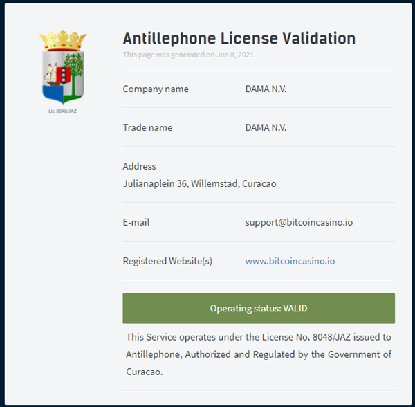 Bitcoincasino.io Curacao lisansı